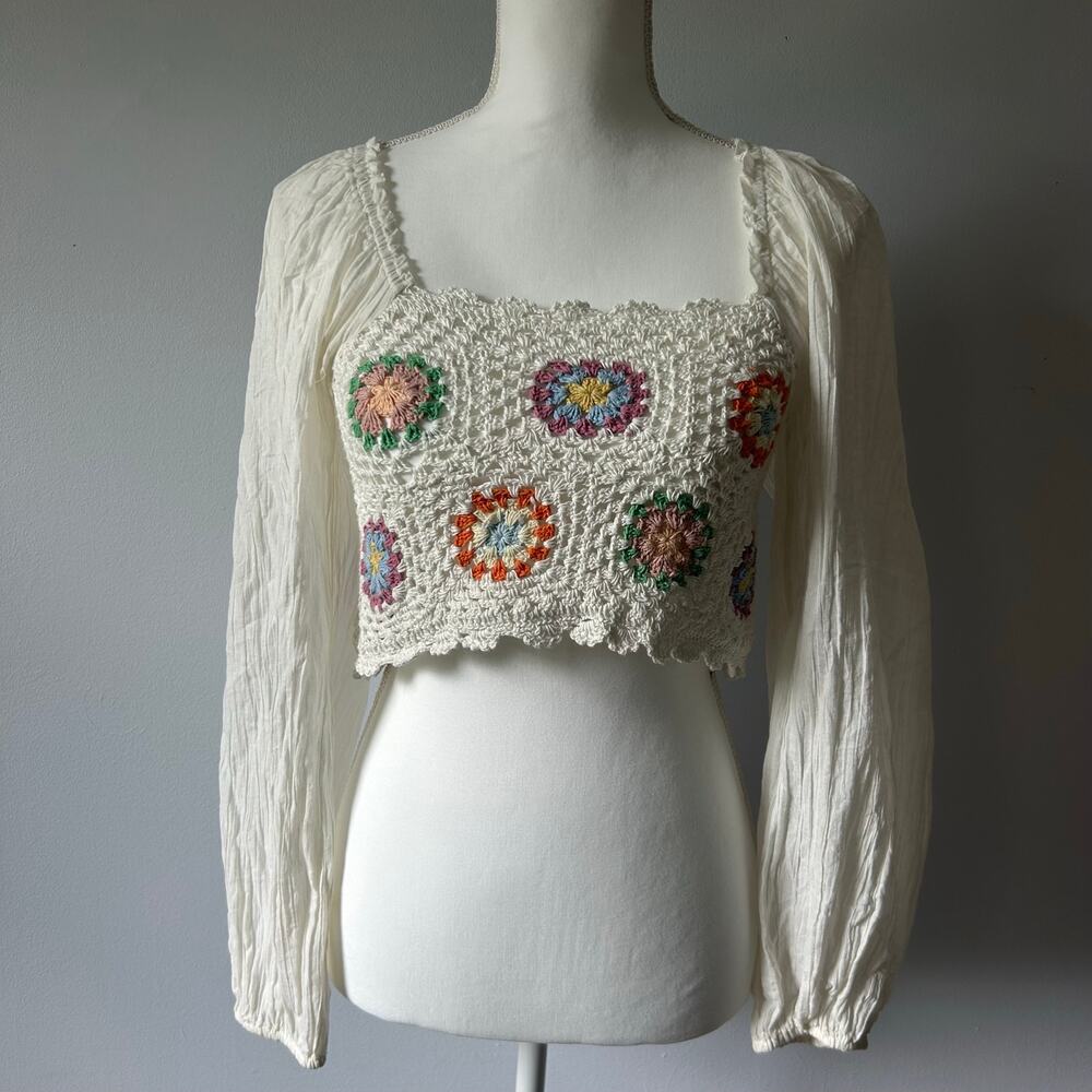 Aerie 100% Cotton Crochet Granny Square Floral Boho Longsleeve Size XS - Picture 2 of 7